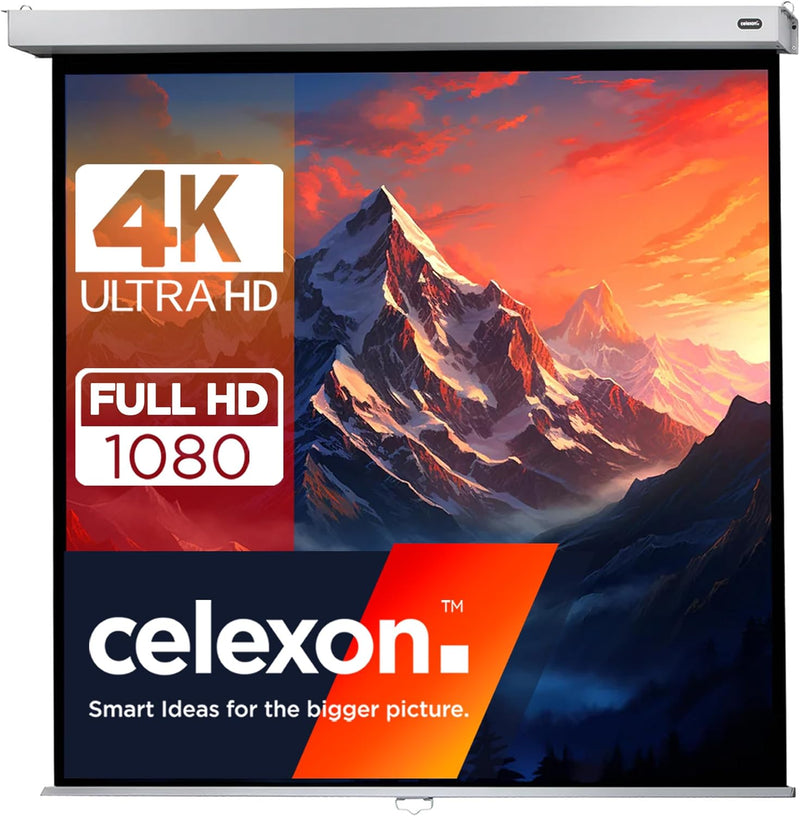 celexon manuell ausziehbare Heimkino- und Business-Rollo-Beamer-Leinwand 4K und Full-HD mit Slow-Ret