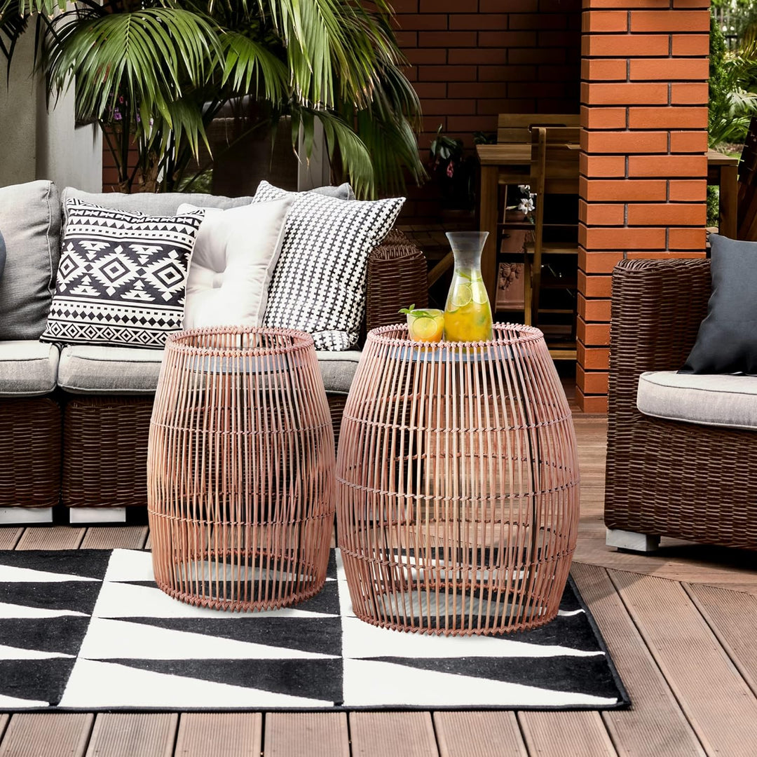 Teamson Home Gartenmöbel, Kleiner Runder Patio Beistelltisch Pflanzenständer aus Bambus Wicker mit M