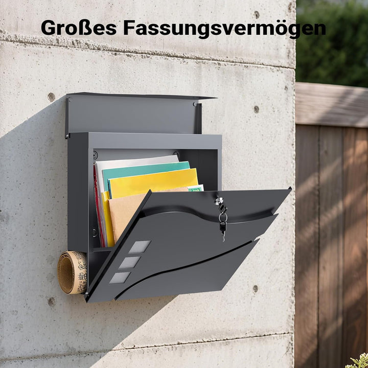 Wiltec Designer Briefkasten V28 Anthrazit 370 x 105 x 370 mm, Wandbriefkasten mit Schloss, Sichtfens