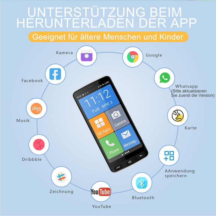 Melefon 4G Senioren Phone, 5,5 Zoll, grosse Icons, Android Handy mit 2400mAh Akku Unterstützung Blue