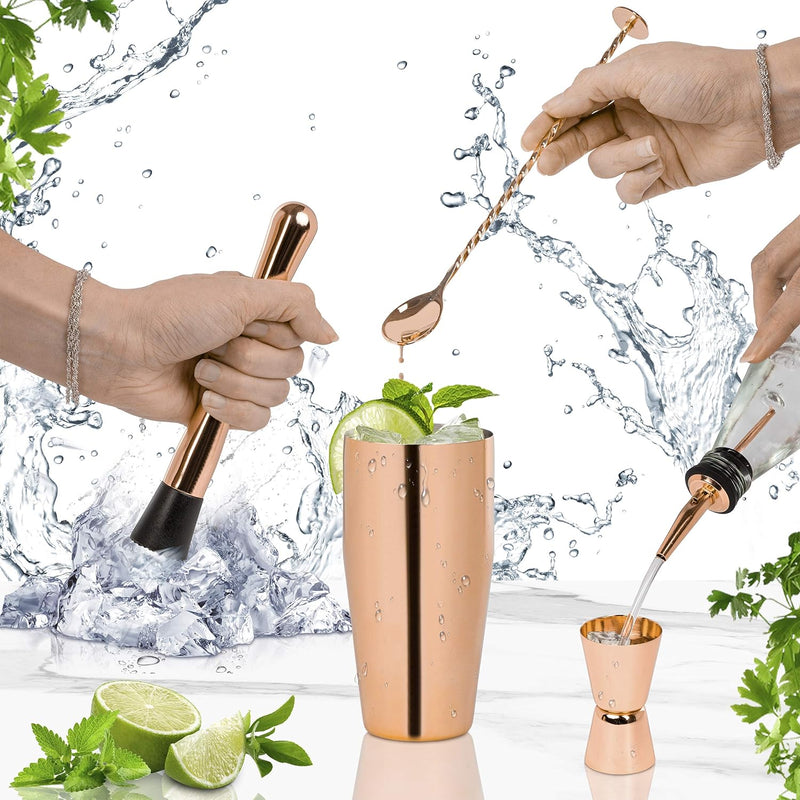 ONVAYA® Cocktail Set in Rosé-Gold | Cocktail Geschenkset mit Bambus-Halter | Cocktail Shaker Set | p