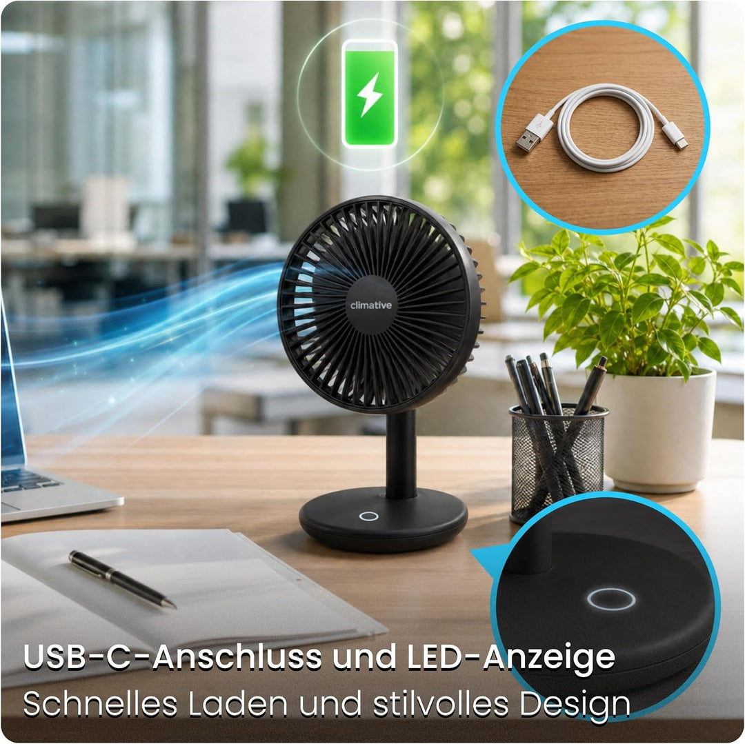 Tischventilator sehr leise - 7-Flügel USB Ventilator Akku 2000 mAh, Ø 14cm, 4 Modi, Naturwind, Bürst