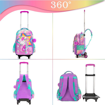 HTgroce Trolley Schulranzen Schulranzen mit Rollen Einhorn Trolley für Mädchen,Schulranzen Mädchen E