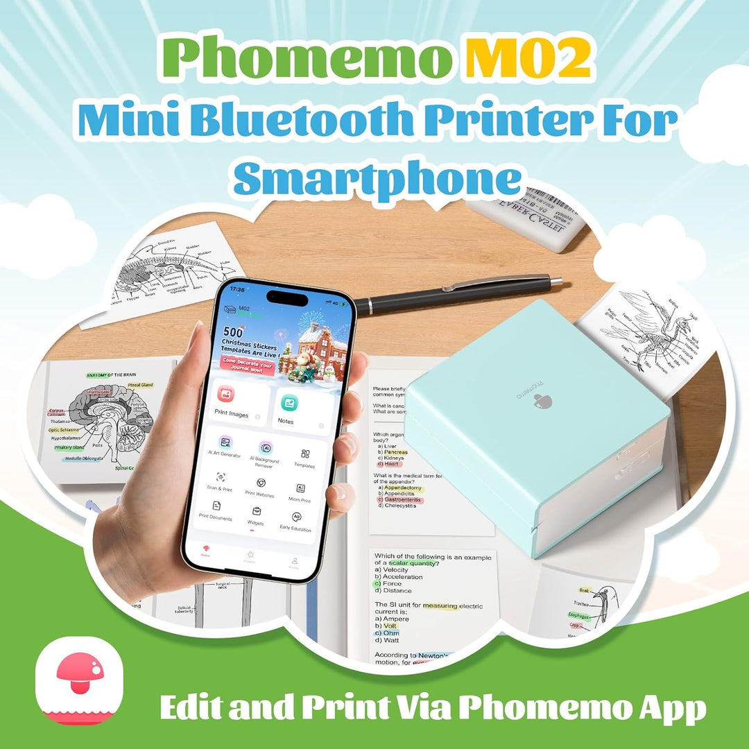 Phomemo M02 Mini Drucker,Bluetooth Taschendrucker,Aufkleber Klein Thermodrucker,Tragbarer Portable P
