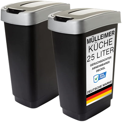 SUSTANIA Duo Mülleimer Küche 2 Fächer 25L - Geruchsdicht Doppel Abfalleimer mit Schwingdeckel, 2er S