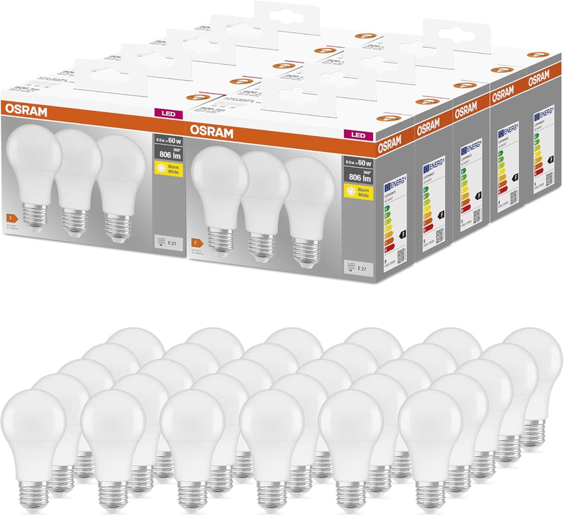 OSRAM BASE CLASSIC A 60 FR LED-Lampe mit Sockel E27, Kolbenform, 3er Pack, 8,5W, 806lm, 2700K, warmw