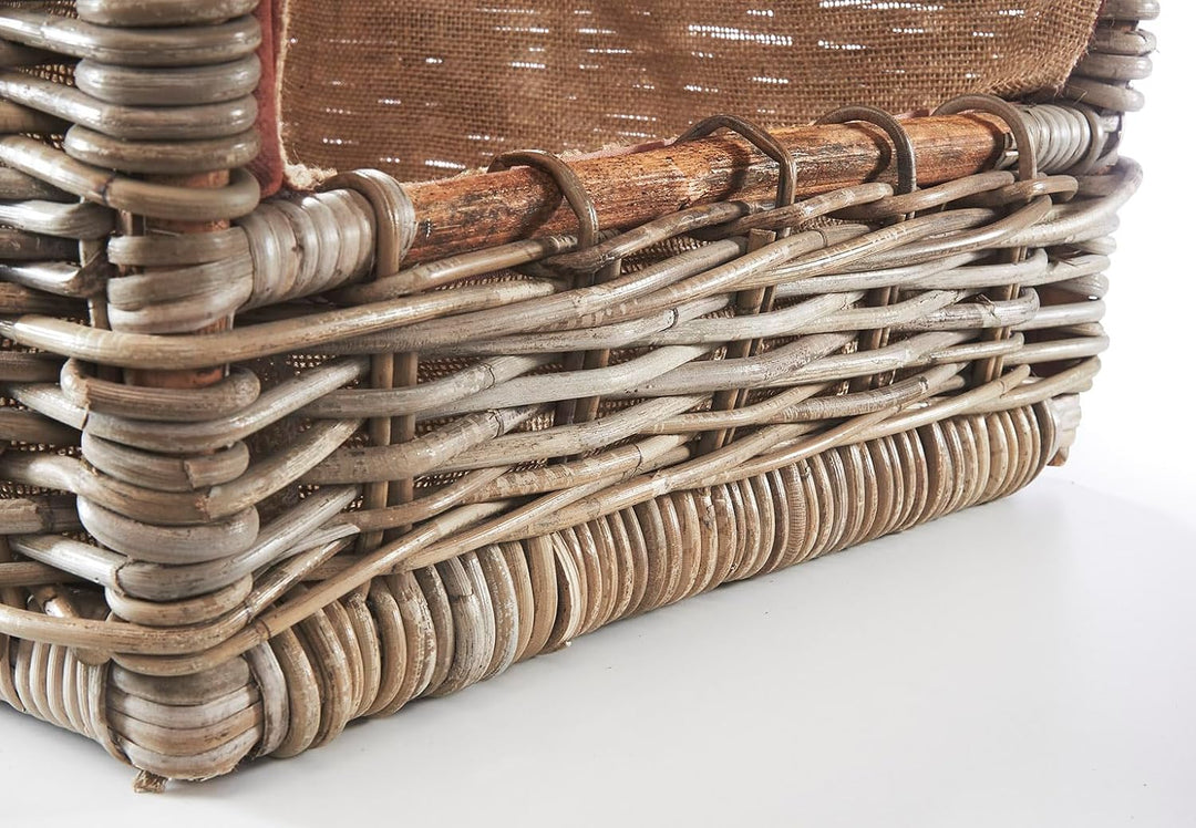 Kobolo Holztrage Holzkorb für Kaminholz - Rattan grau mit abnehmbarem Jutestoff