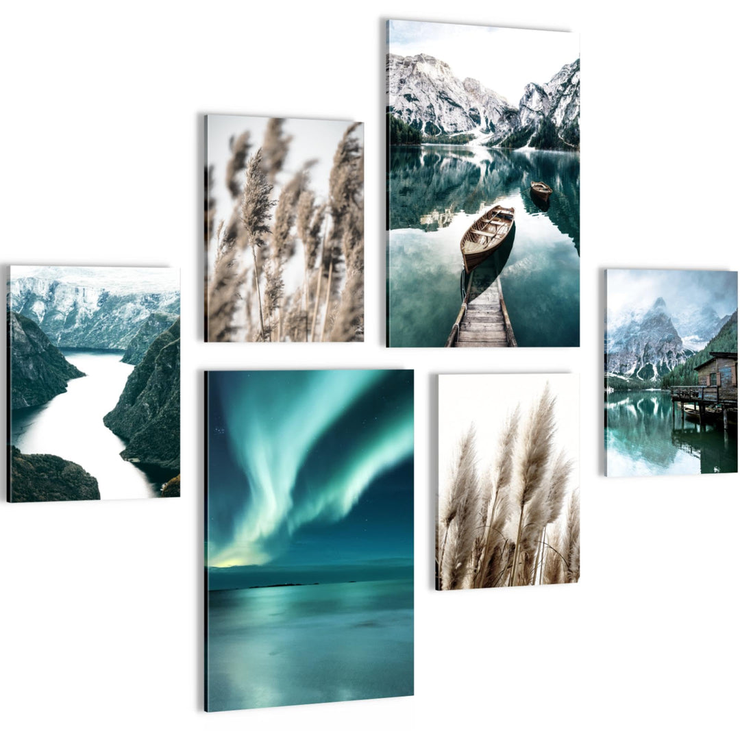Novart Wandbilder Set Natur Berge See Aurora Grün - KEIN EXTRA RAHMEN BENÖTIGT - Modern Deko - Wohnz