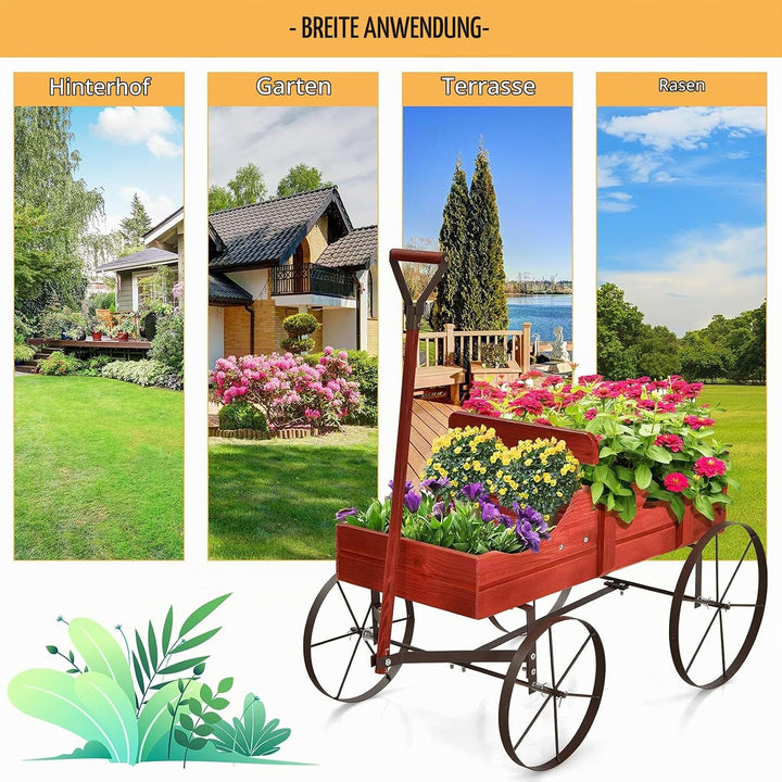 RELAX4LIFE Blumenständer mit 4 Rädern aus Metall, Pflanzwagen aus Massivholz, Holzwagen bis zu 15 kg