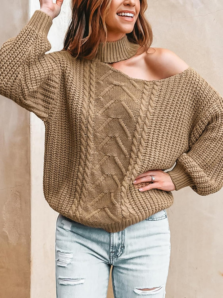 CUPSHE Damen Strickpullover Mock Neck One Shoulder Langarm Zopfmuster Feinstrick Schulterfreier Pull