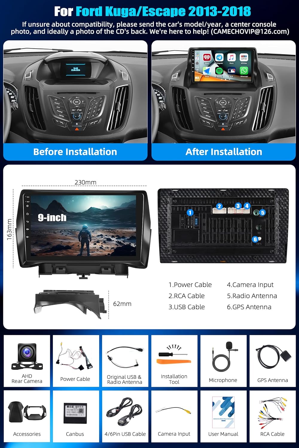 CAEMCHO 2G+64G Android 15 Autoradio für Ford Kuga/Escape 2013-2018 mit Navi Carplay Android Auto,Dop
