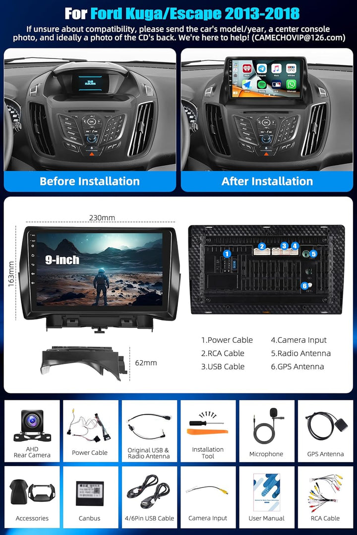 CAEMCHO 2G+64G Android 15 Autoradio für Ford Kuga/Escape 2013-2018 mit Navi Carplay Android Auto,Dop
