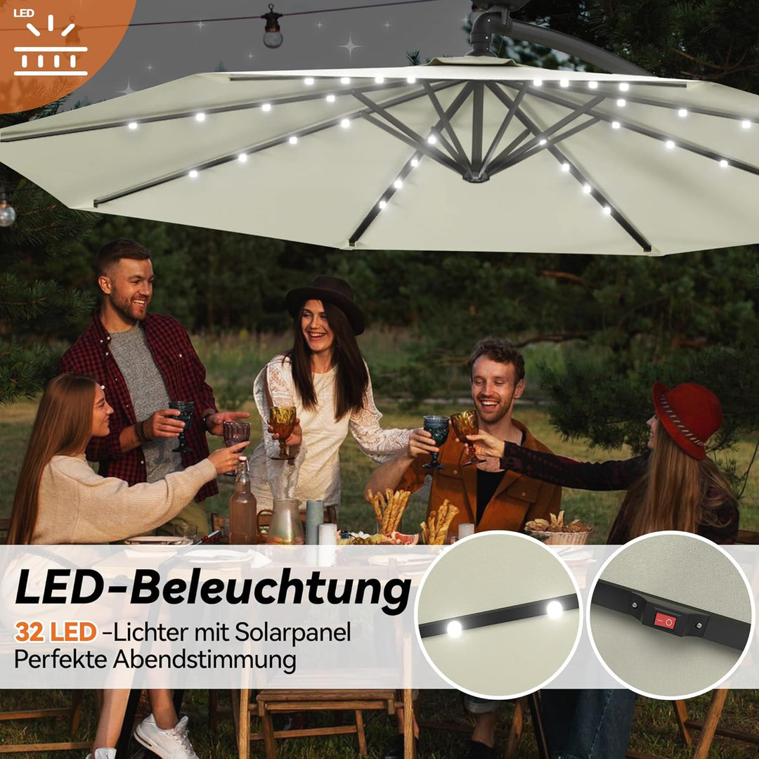 ACXIN Alu Sonnenschirme Ø350cm mit Solar LED Beleuchtung Ampelschirm mit Kurbelvorrichtung Höhenvers