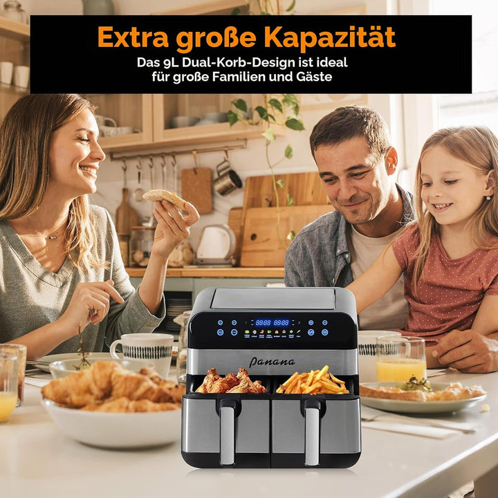 Dual-Zone Airfryer mit 9L Grosskapazität: 8-in-1 Kochfunktionen, geeignet für Airfrying, Braten, Ent