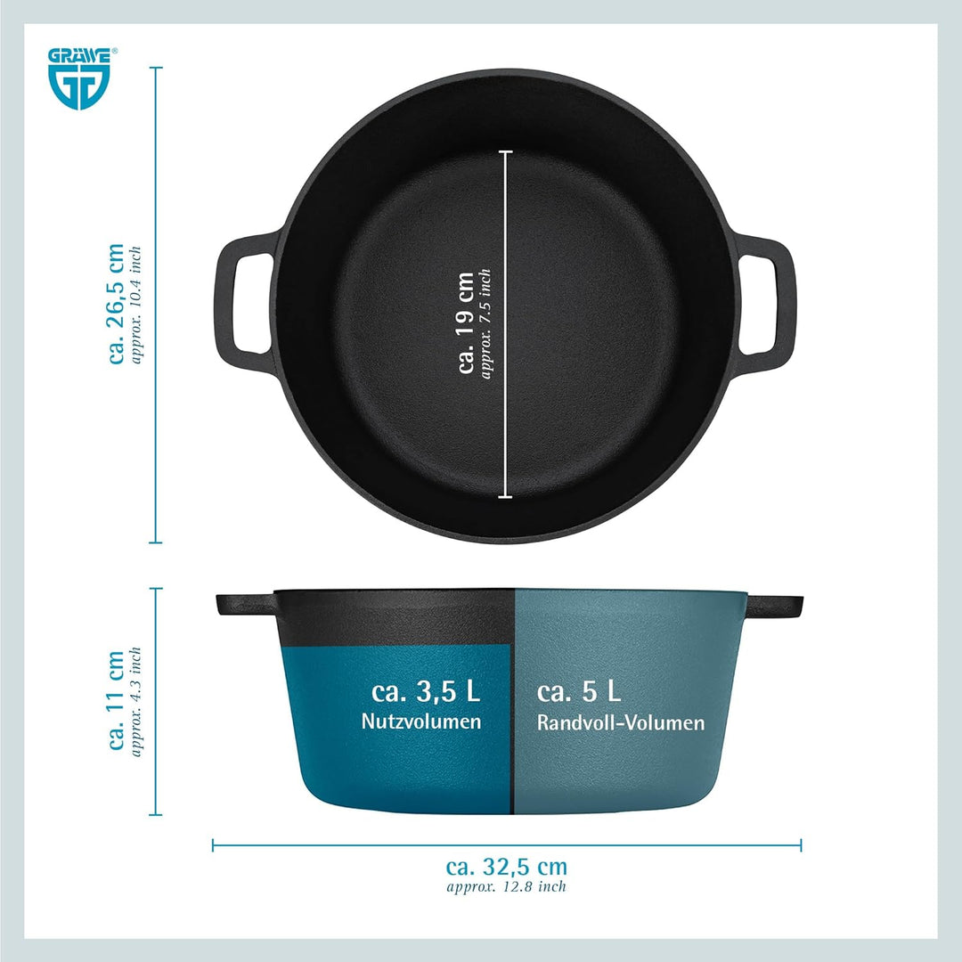 GRÄWE Dutch Oven CI 350 Ø 26 cm – Gusseisen Brat- & Kochtopf 2-in-1 mit Deckel, Induktion & Backofen