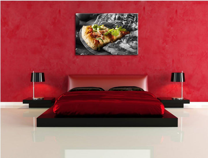 leckere Pizza mit Bacon und Rucola schwarz/weiss Format: 100x70 auf Leinwand, XXL riesige Bilder fer