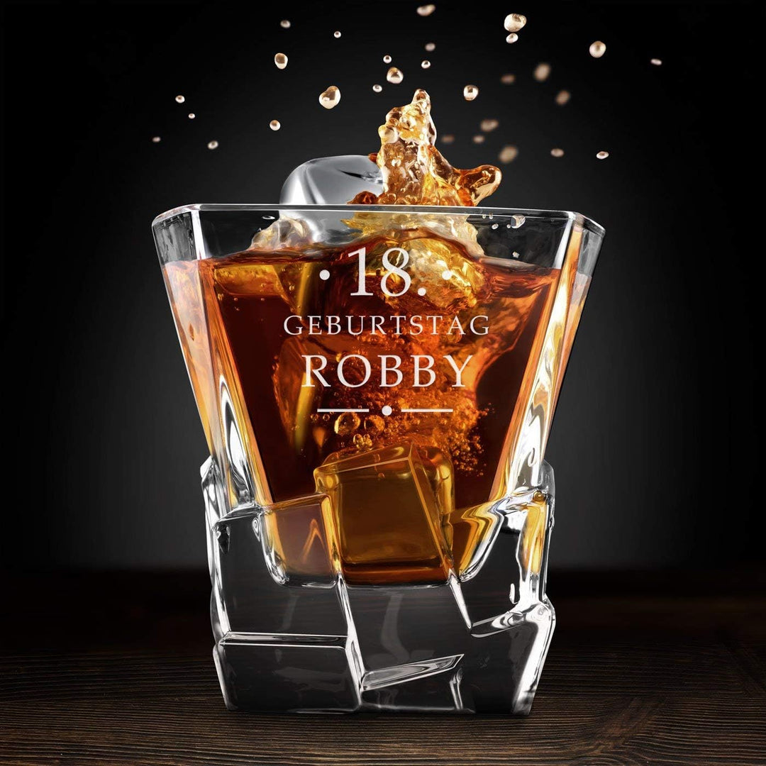 Maverton Whisky Steine Set - in Holzbox mit Gravur - 8 Eiswürfel & 2 Whisky Gläser, Zange, Samtbeute