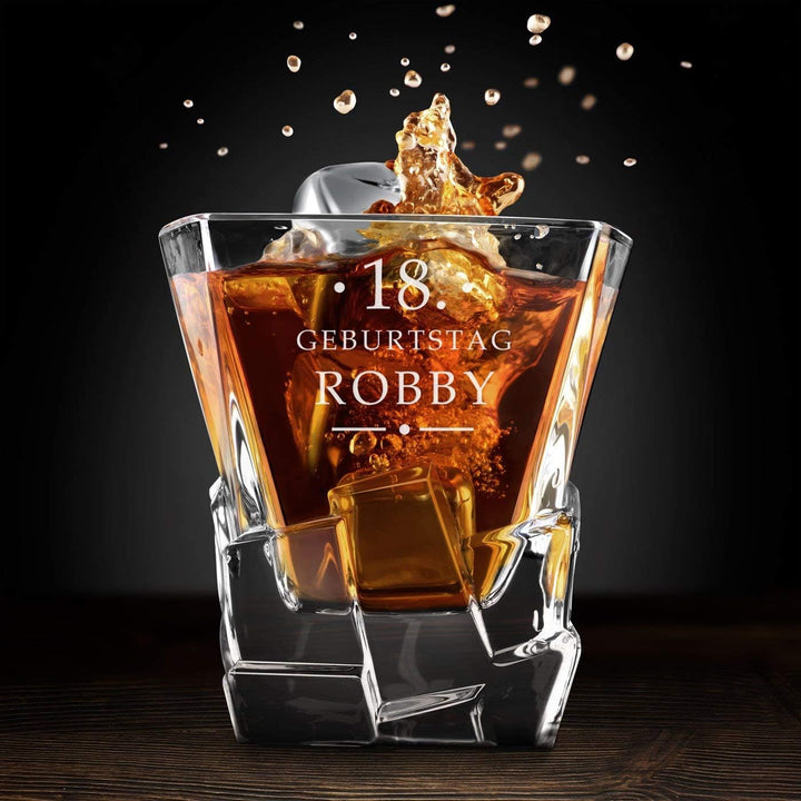 Maverton Whisky Steine Set - in Holzbox mit Gravur - 8 Eiswürfel & 2 Whisky Gläser, Zange, Samtbeute