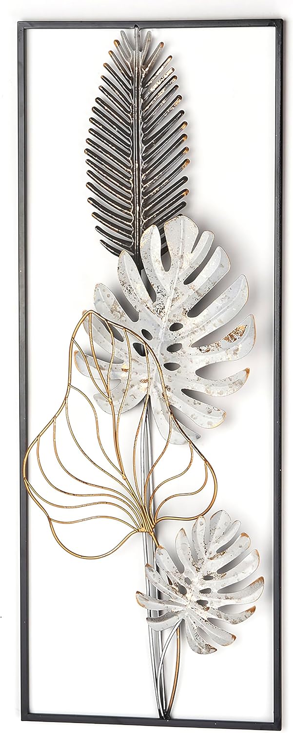 Kobolo Wandbild Monstera, 29x74x3 cm, Metall, schwarz-gold-weiss, modernes Metallbild, stilvolle Wan