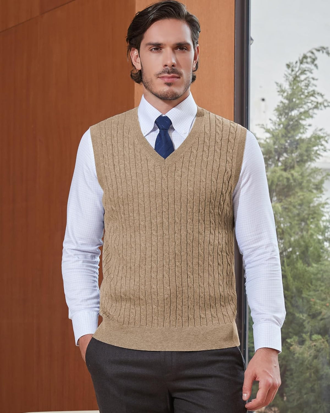 Kallspin Herren Strickweste Pulunder Ärmellos Zopfstrick V-Ausschnitt aus Wollmischung XL Tall Kaffe