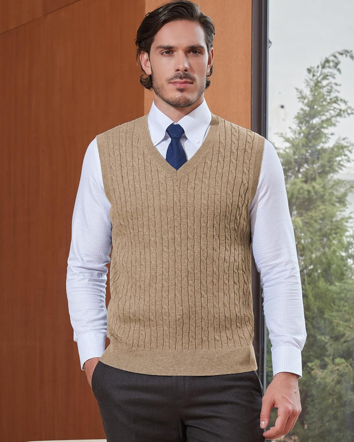 Kallspin Herren Strickweste Pulunder Ärmellos Zopfstrick V-Ausschnitt aus Wollmischung XL Tall Kaffe