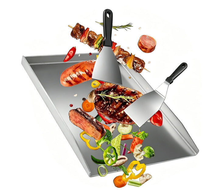 Grillplatte Plancha Geschenke für Männer Frauen 40 x 30cm, mit 2 Grillspachtel Set, BBQ Grillplatte
