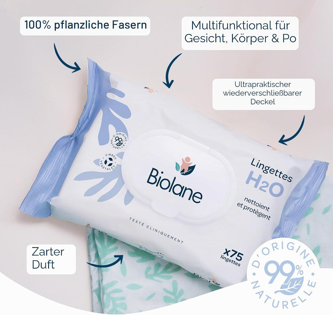 BIOLANE - Babytücher mit Wasser – 450 Tücher – 6 x 75 Stück – sanfte und effektive Reinigung – ab de