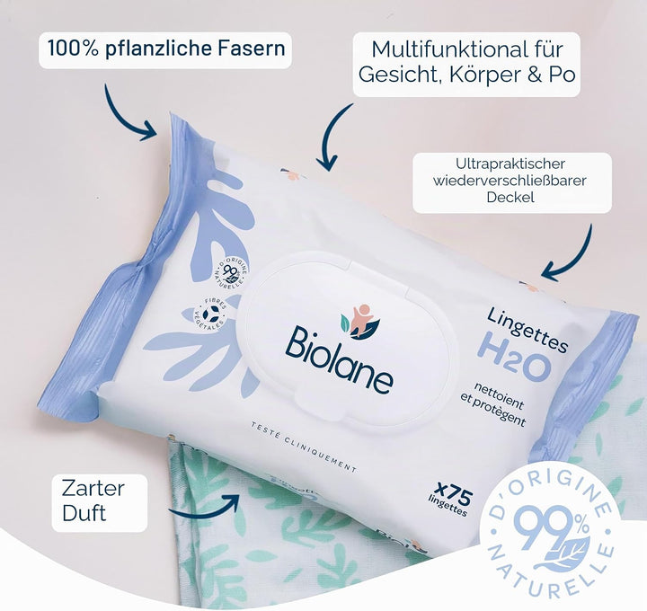 BIOLANE - Babytücher mit Wasser – 450 Tücher – 6 x 75 Stück – sanfte und effektive Reinigung – ab de