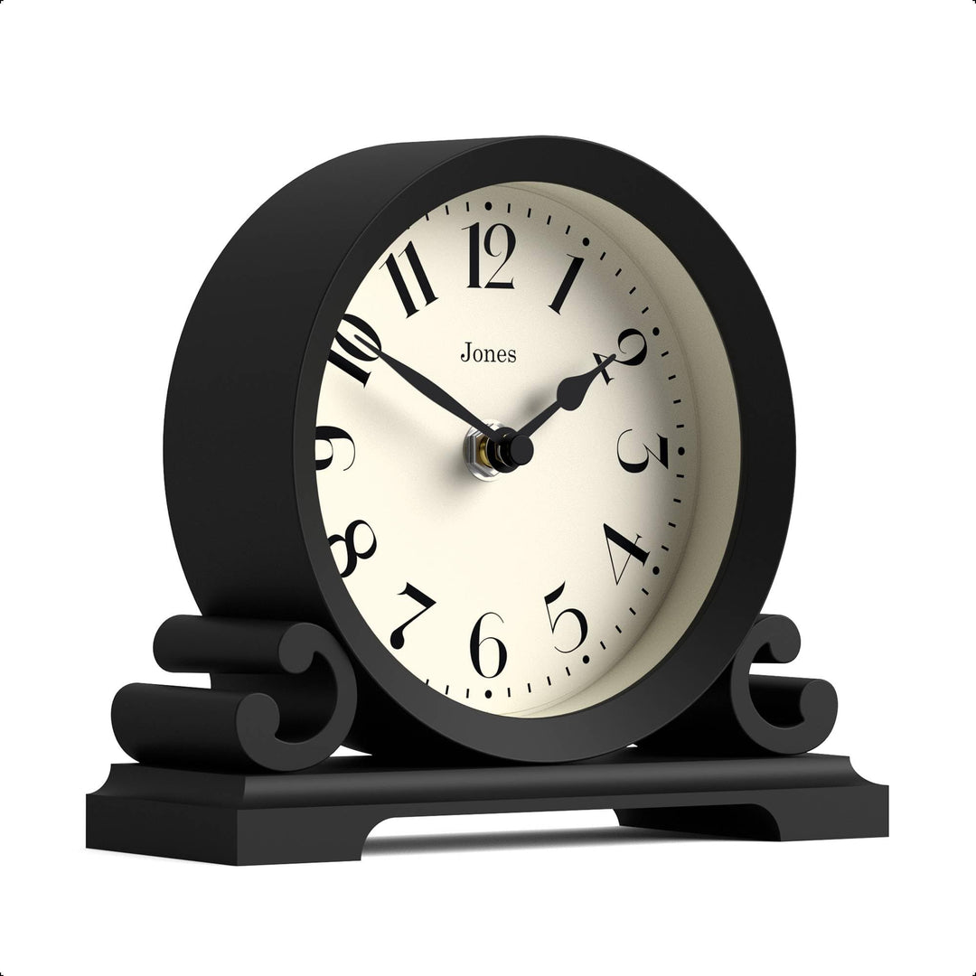 JONES CLOCKS® Saloon Tischuhr I Traditionelles DoppelIscrollIDesign I Schwarz I Zeitgenössischer kla