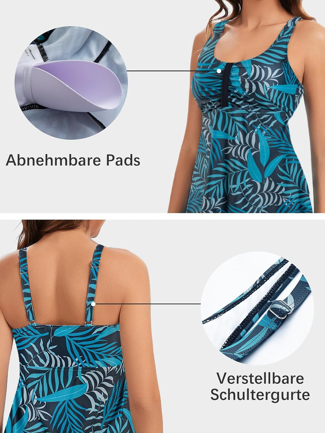 Ecupper Damen Tankini Set Badekleid Blumen Muster Badeanzug mit Shorts Swimsuit Übergrösse S Tiefsee