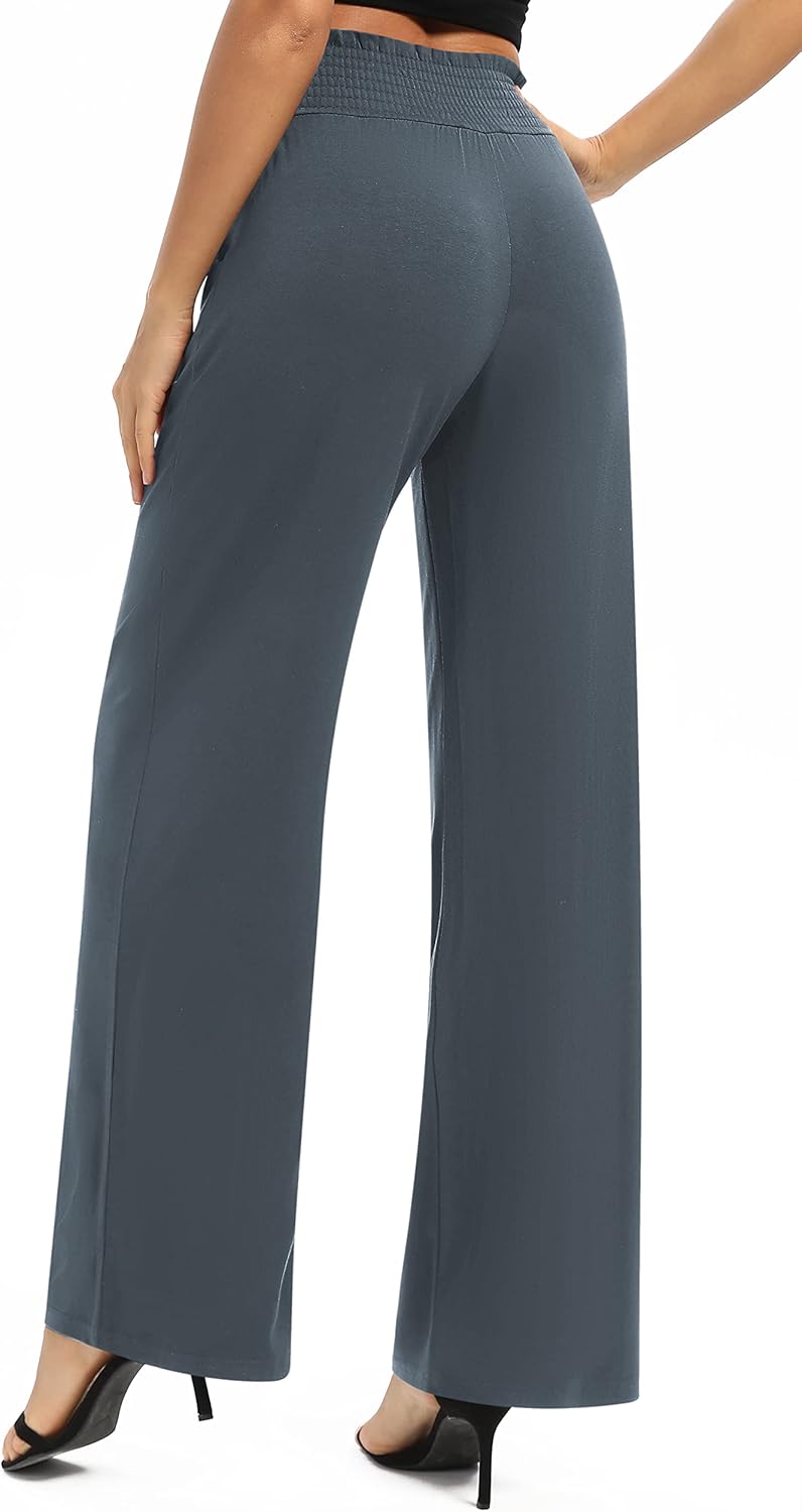 EXCHIC Damen Einfarbig Lose Gerade Geschnitten Palazzo Hose Hohe Taille Dehnbar Lounge Hose mit Tasc