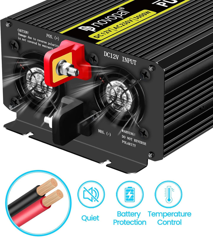NOVOPAL 3000W Wechselrichter 12v Auf 230v Reiner Sinus Spannungswandler mit 2 EU-Steckdose und Einer
