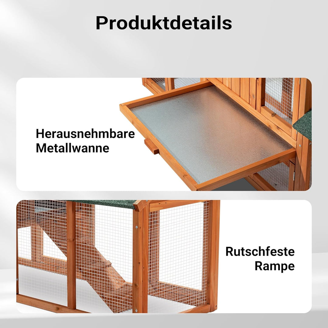 Wiltec XXL Hasenstall 2110 x 530 x 835 mm mit Freilaufgehege und erhöhtem Unterschlupf aus Kiefernho