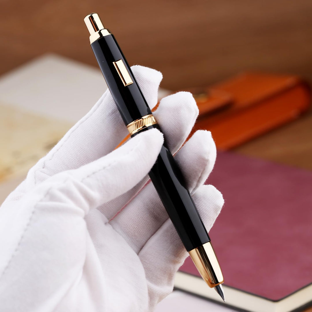 Majohn A1 Press Füllfederhalter Feine Feder mit Konverter, einziehbares Schreibset schwarz golden (k