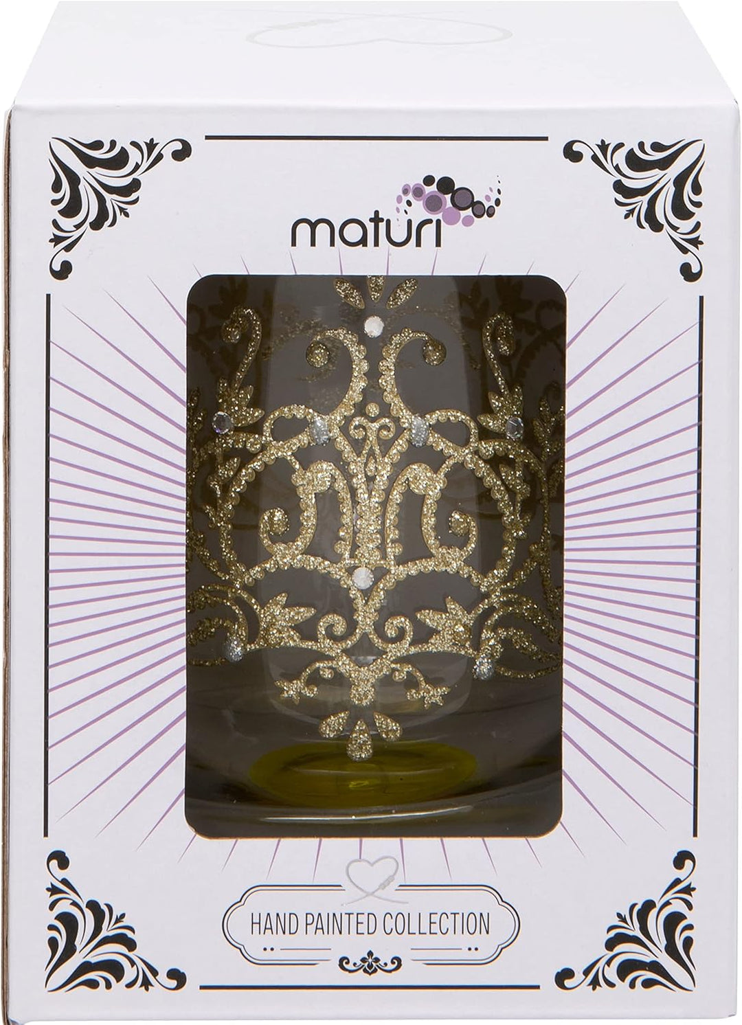 Maturi Weinglas ohne Stiel, handbemalt, goldfarbenes Flockmuster, 530 ml, in Geschenkbox, Glas ohne