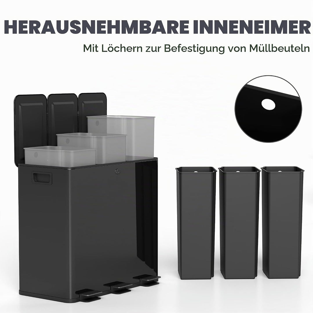 HOMCOM Mülleimer Küche 3 x 20 L Treteimer mit Softclose-Deckel und Pedal Mülltrennsystem 3 Fächer in