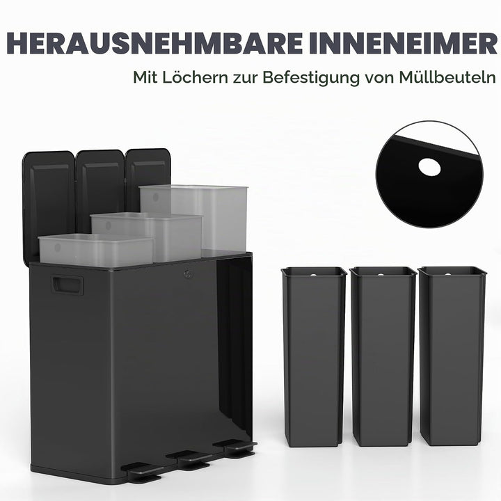 HOMCOM Mülleimer Küche 3 x 20 L Treteimer mit Softclose-Deckel und Pedal Mülltrennsystem 3 Fächer in