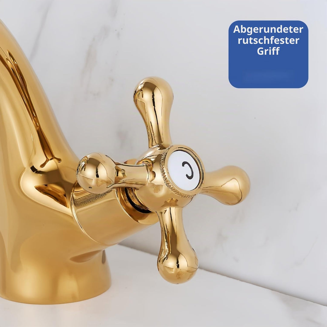 Wasserhahn Armatur Bad Zweigriff Gold, Waschtischarmatur Messing mit Kreuzgriff, Mischbatterie Badez
