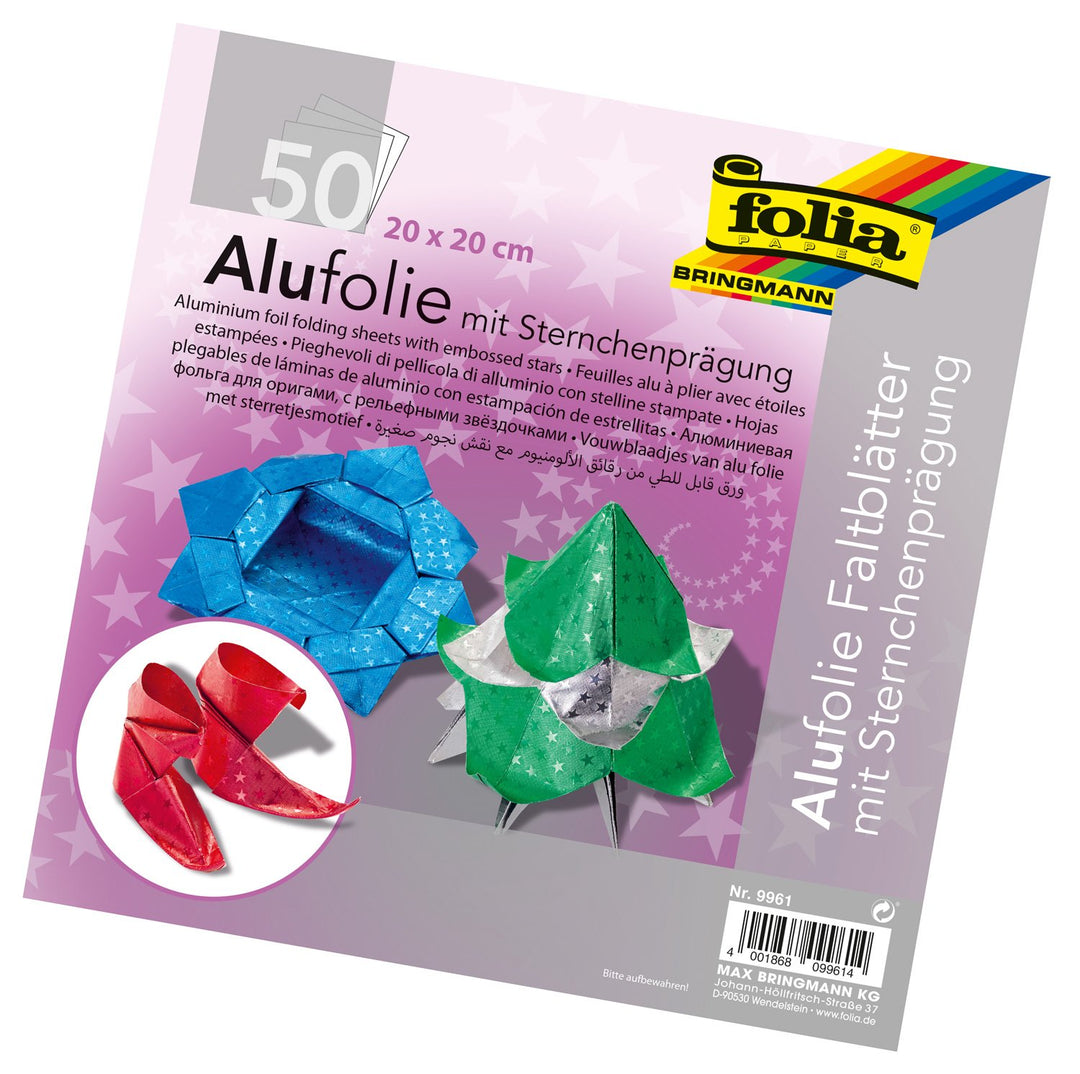 folia 9961 - Faltblätter aus Alufolie mit Sternchenprägung 20 x 20 cm, 100 g/qm, 50 Blatt, farbig so