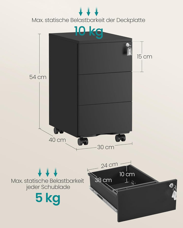 SONGMICS Schubladenschrank, Rollcontainer, mobiler Aktenschrank, Metallschrank, Druckertisch, abschl