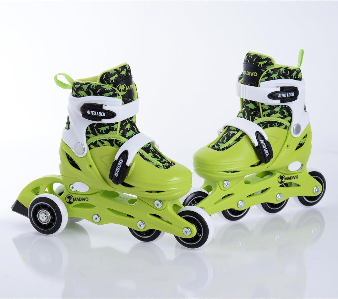 Madivo Dino Kinder Set 2in1 Inliner/Triskates VERSTELLBAR | ABEC-5 Rollschuhe | Inlineskates umbauba