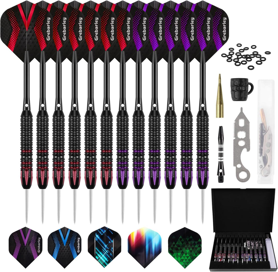 Grebarley Dartpfeile mit Metallspitze,12 Stück Profi Steeldarts 18 Aluminium Schaft mit 9 Flights 20