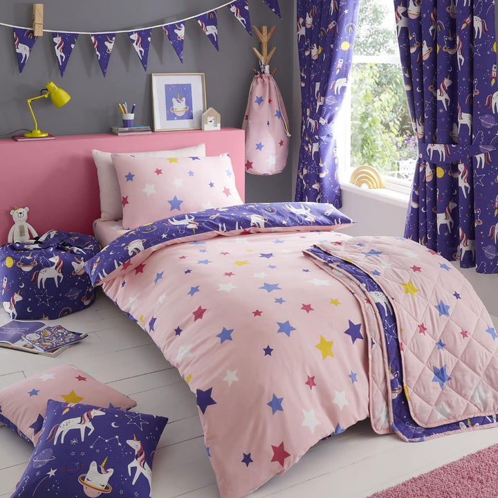 Happy Linen Company Wendbares Bettwäsche Set für Mädchen, Einhorn, Violett Bettbezug-Set für Kleinki