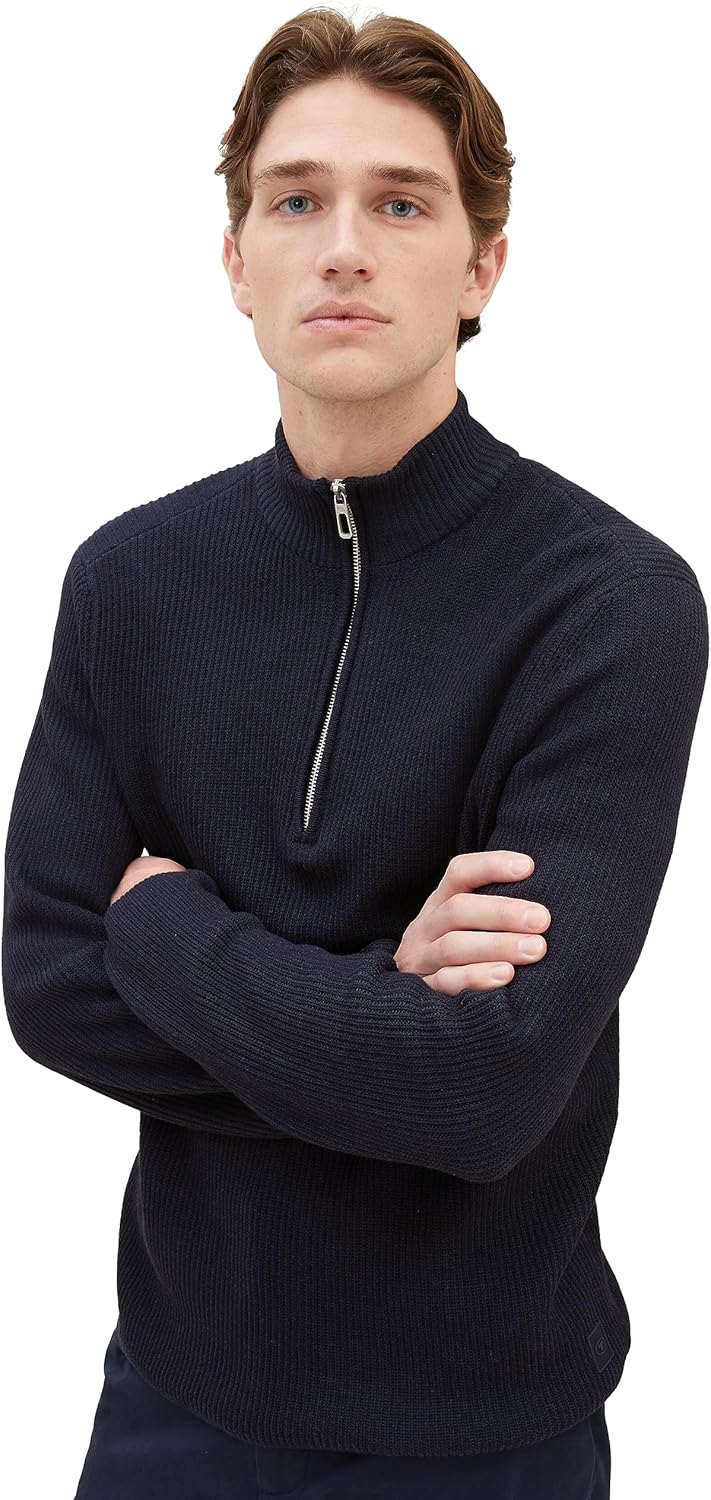 TOM TAILOR Herren Mouliné Strick-Pullover mit Troyer-Kragen L 13160 - Knitted Navy Melange, L 13160