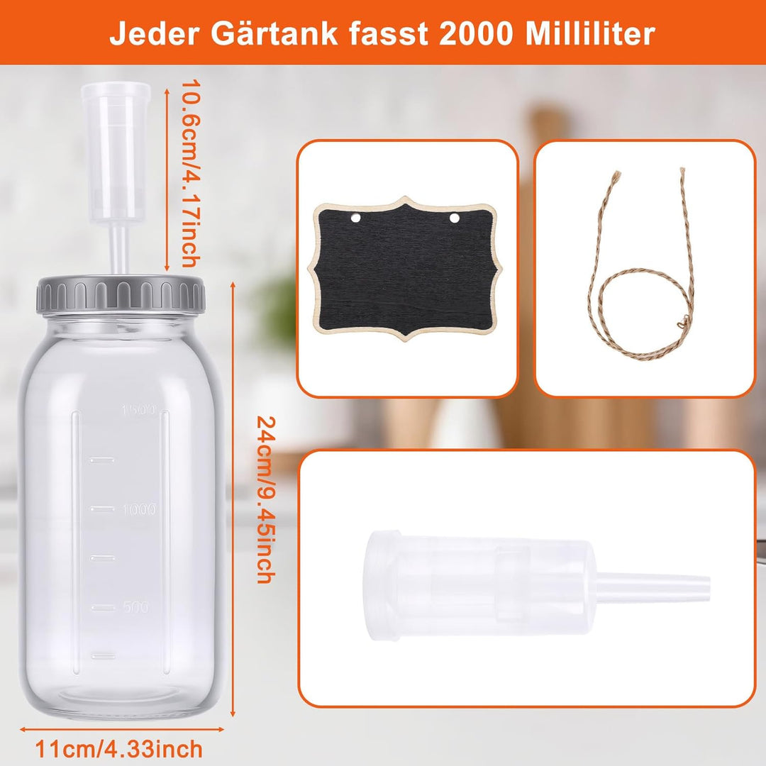 2 Stück Fermentierglas, 2L Fermentiergläser mit Luftschleuse Deckel und Gewicht, Fermentationsglas f