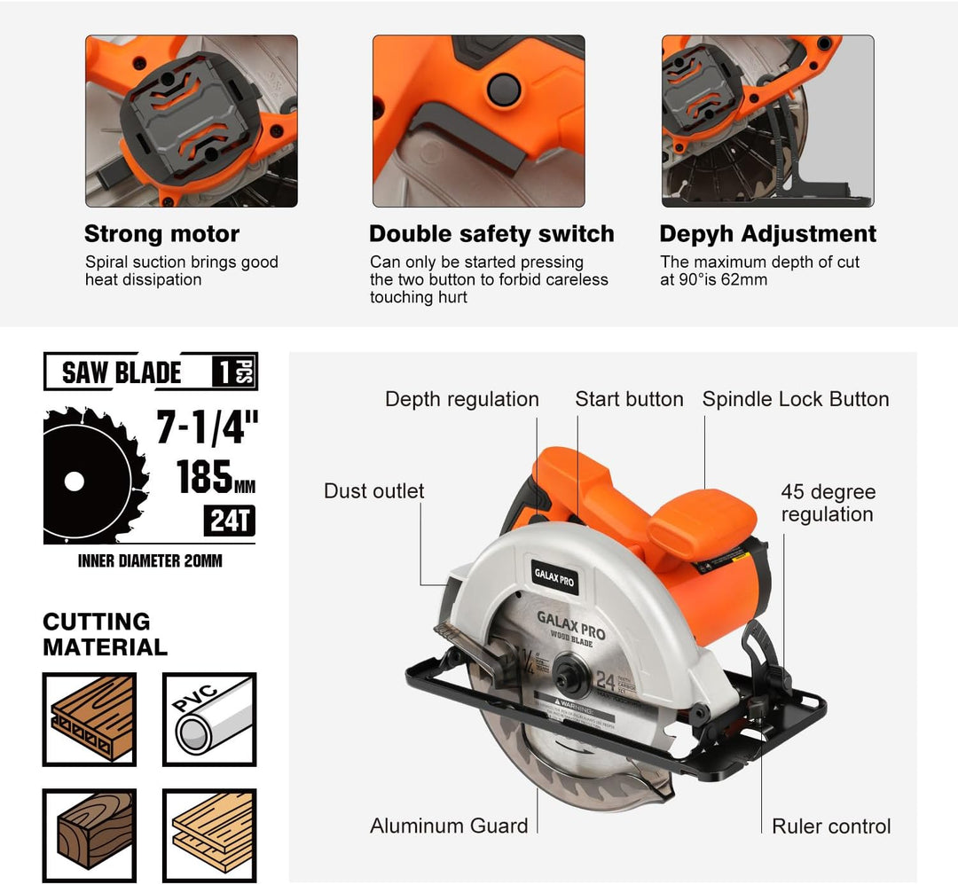 GALAX PRO Kreissäge, 1400W Maximale 6000RPM, Einstellbare Schnitttiefe und -winkel: 62 mm (90°) - 48