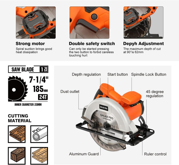 GALAX PRO Kreissäge, 1400W Maximale 6000RPM, Einstellbare Schnitttiefe und -winkel: 62 mm (90°) - 48