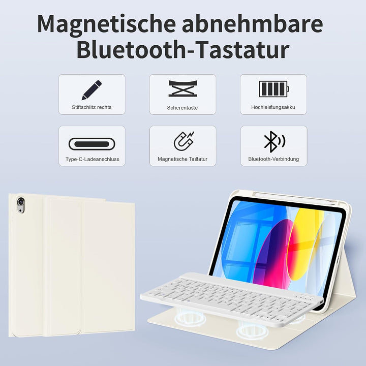 Tastatur Hülle für iPad A16 11. Gen/iPad 10. Gen, QWERTZ, Cremeweiss | Kabellose Magnetische Tastatu