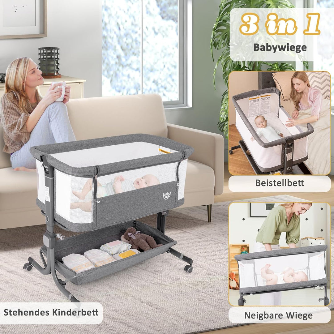 DREAMADE Beistellbett Baby, 6-stufig Höhenverstellbar Babybett mit weicher Matratze & Rollen & Trage