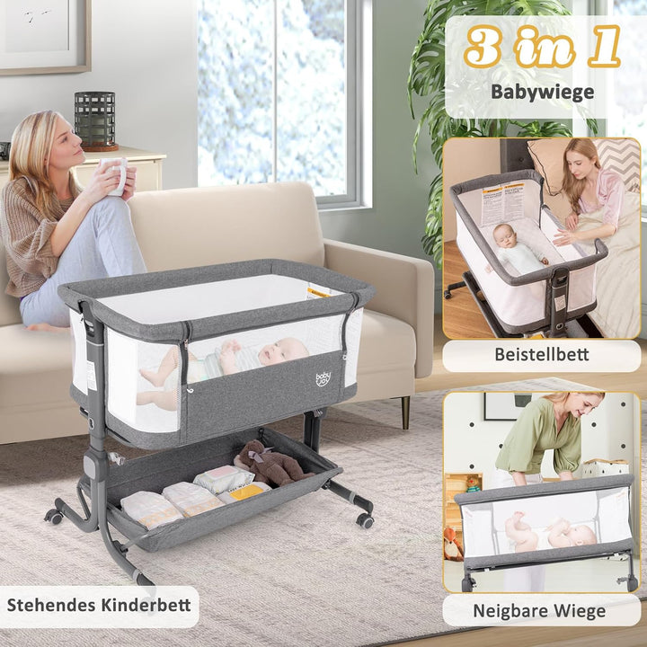 DREAMADE Beistellbett Baby, 6-stufig Höhenverstellbar Babybett mit weicher Matratze & Rollen & Trage